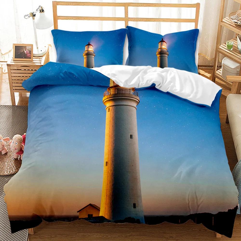 Lighthouse Duvet Cover Ocean Comforter Cover Nautical Quilt Cover Sunset Nature Double Queen King Size Polyester Bedding Set