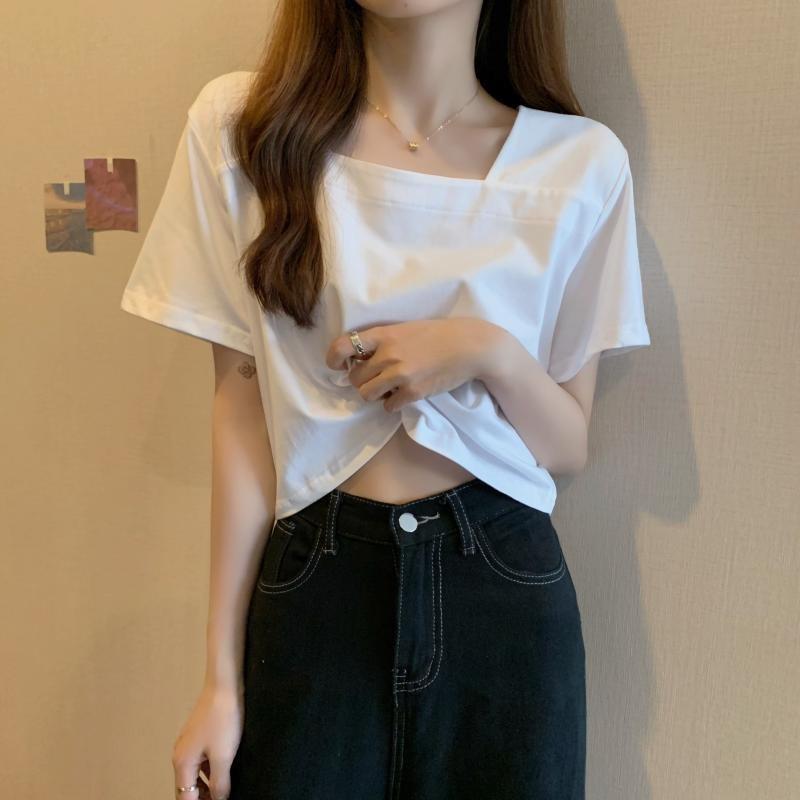 Design-sensory Square Collar Short-sleeved T-shirt for Women In Summer Short High Waist and Student Loose Top for Women