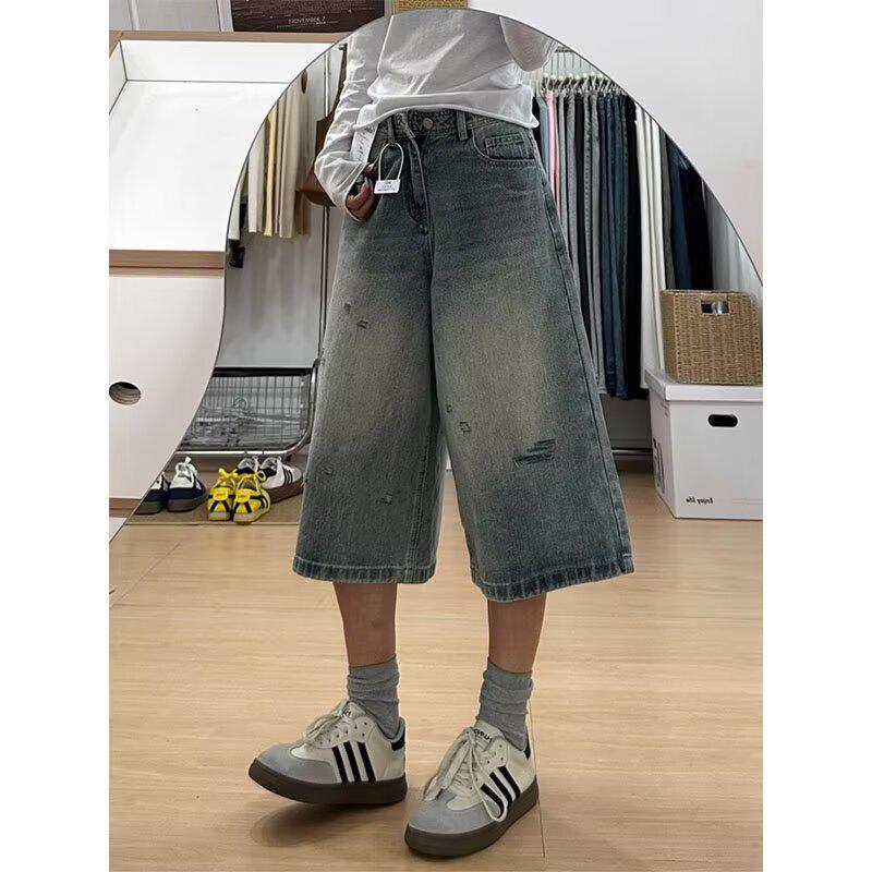 Women s High Waist Wide Leg Ripped Denim Pants - Summer 2025 4XL синий