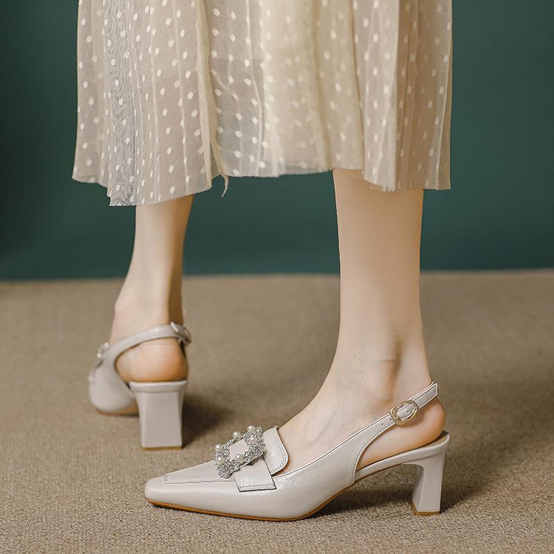 Square head rear empty single shoes new leather temperament one-word buckle with bag head sandals women's thick heel high heels