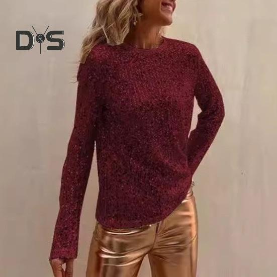 Women Tops Round Neck Long Sleeve Pullover Tops Shiny Sequins Decoration Regular Fit Blouse Daily Wear
