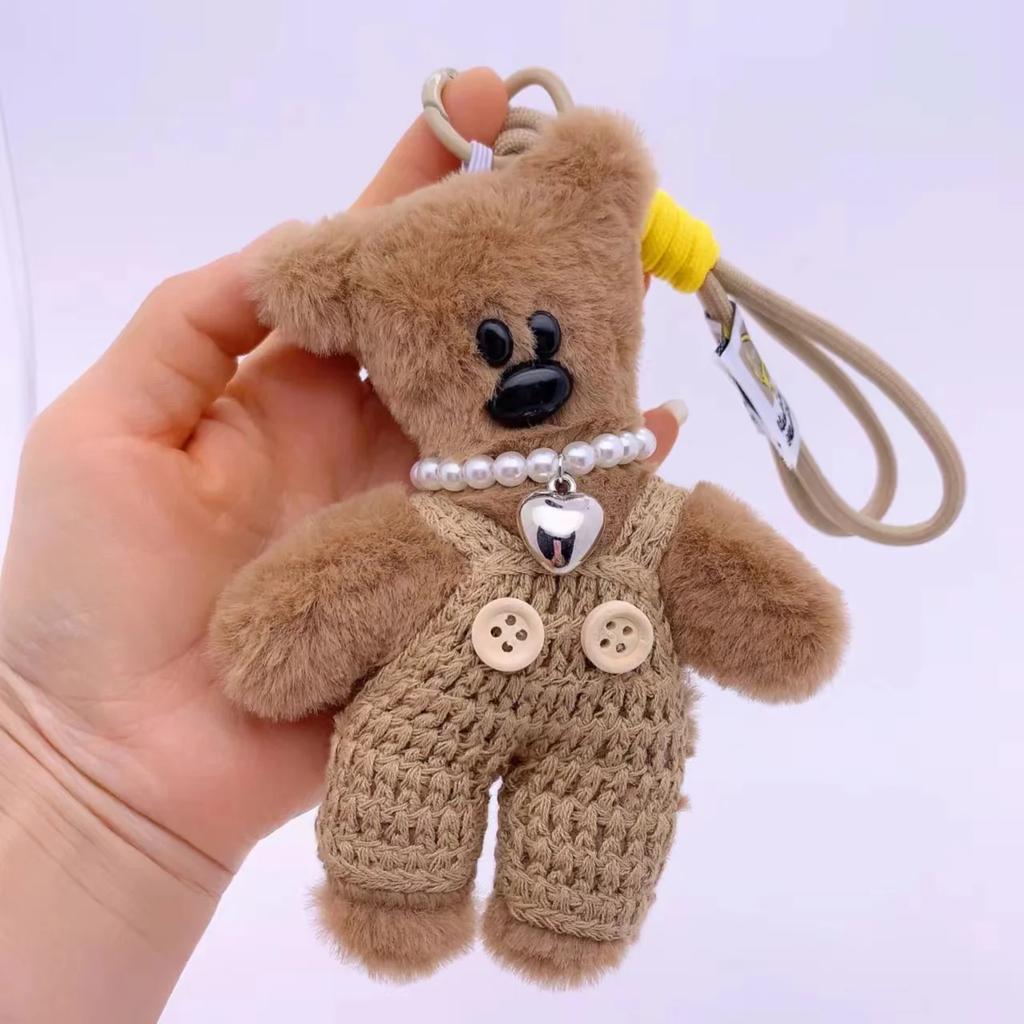 15cm Plush Small Bear Toy DIY Keychains Cute Handmade Knitted Overalls Bear Keychain Animals Pendant Girls Women Bag Accessories