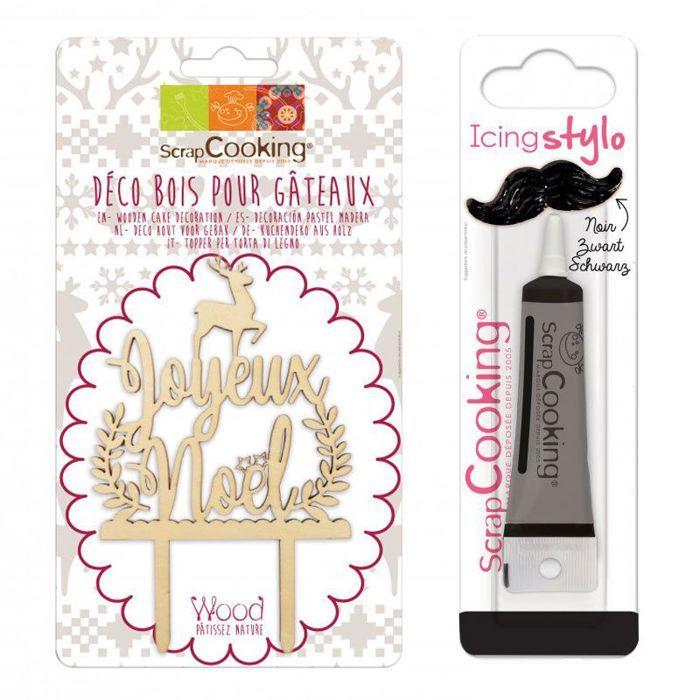 Cake topper en bois Joyeux Noël + Stylo de glaçage noir