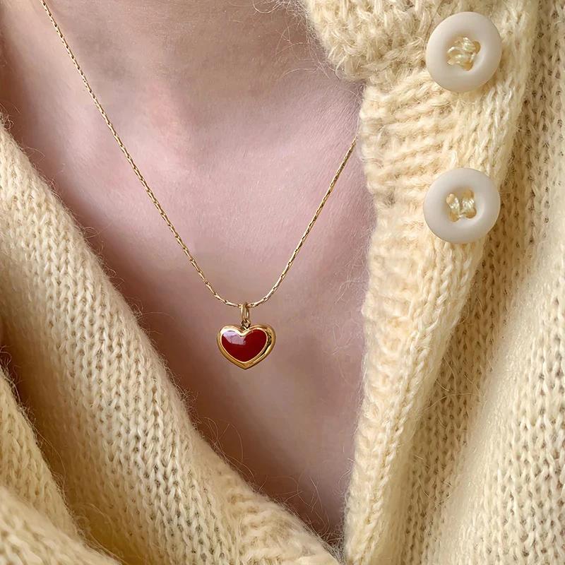 Red Heart Pendant Necklace Gold Color Stainless Steel Chain Necklace On The Neck Love Necklaces for Women Party Jewelry Gift