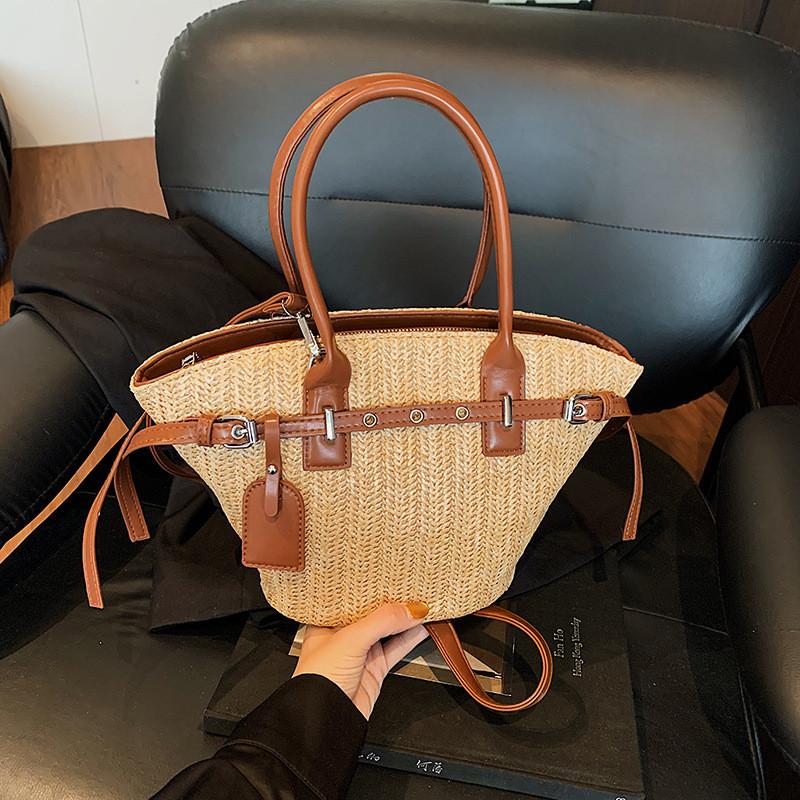 Borsa a Mano da Spalla in Intreccio d'Erba con Chiusura a Zip per Stile Quotidiano