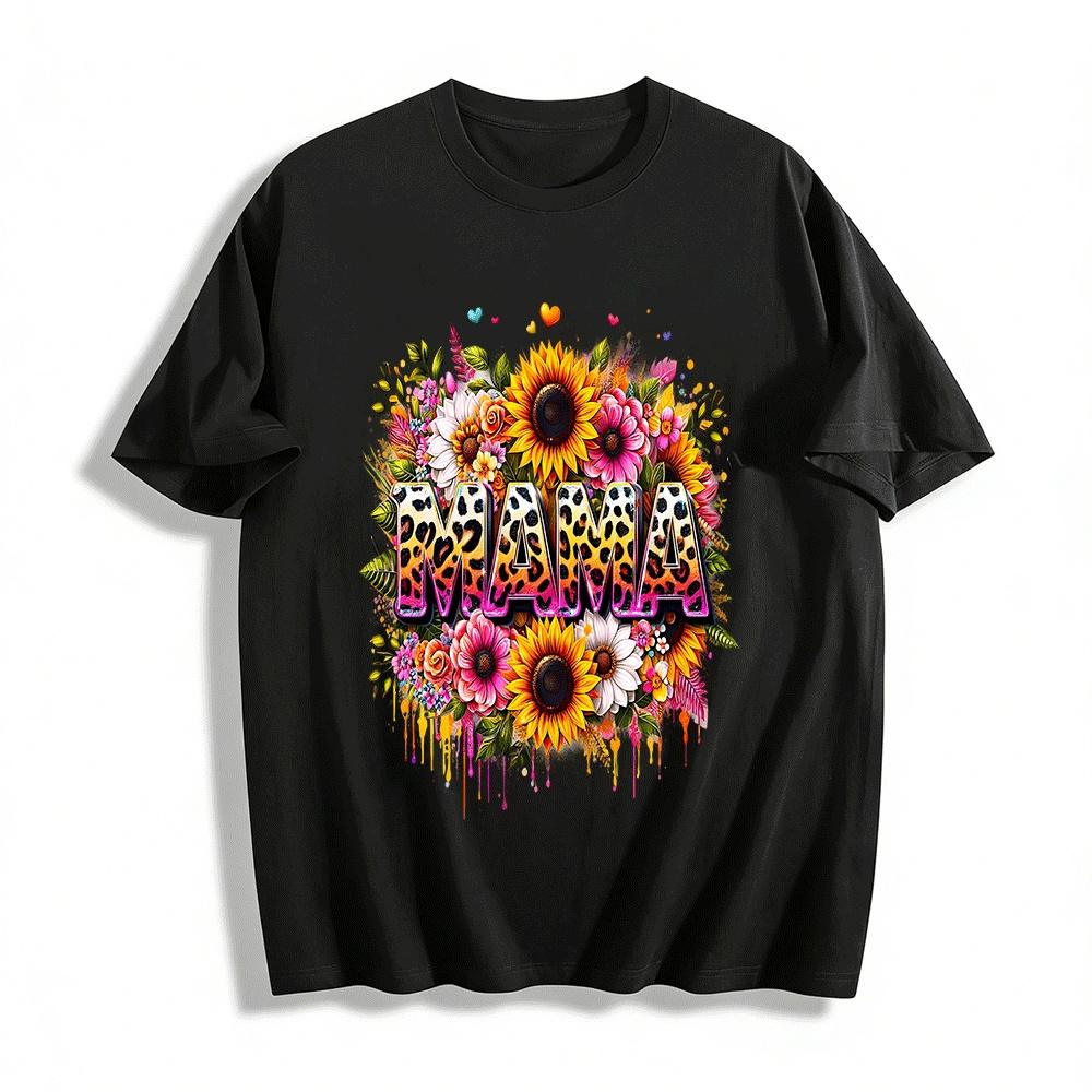 Tropical Floral Leopard Print MAMA Graphic Casual Tee Pure cotton T-shirt XXS