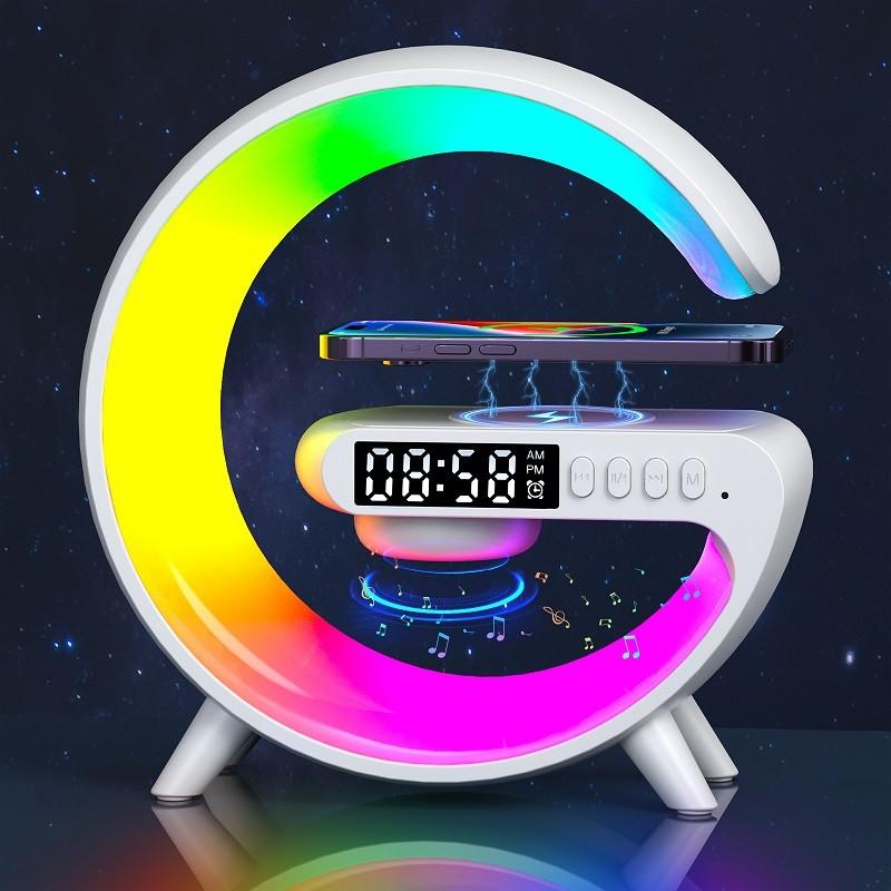 Modern 3-in-1 Wireless Charging Dock with Bluetooth Speaker, Alarm Clock, and LED Moon Lamp