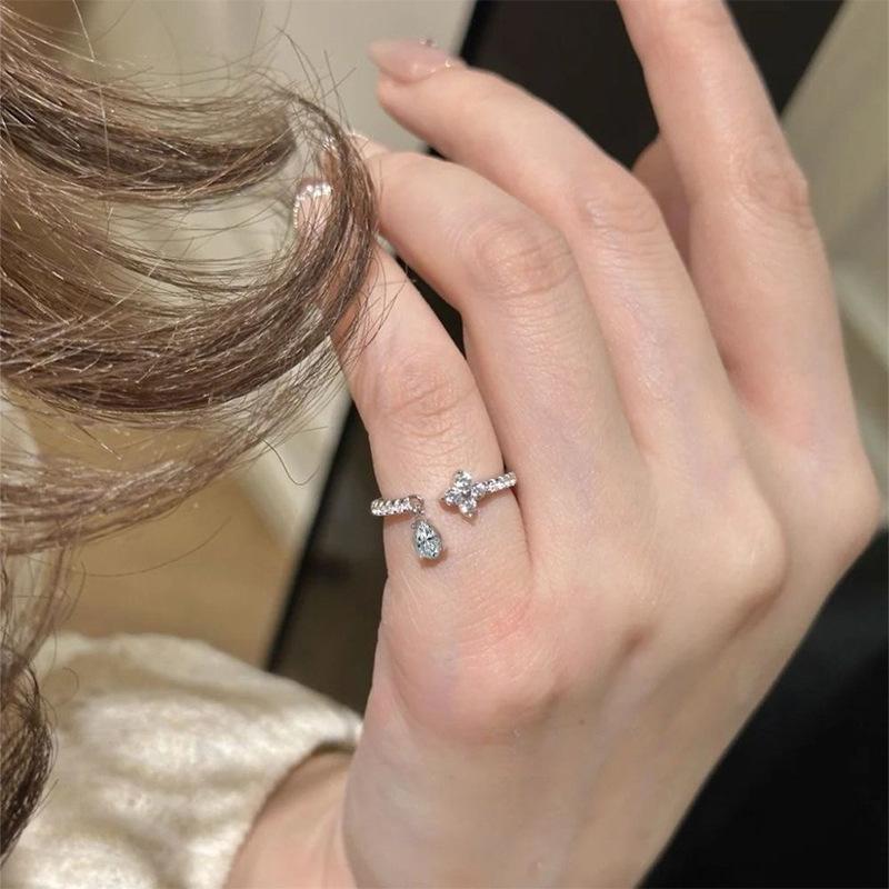 PONYKISS Tibetan Silver Zircon Flower Water Drop Opening Rings for Women Party Cute Plant Fashion  Minimalist Accessories
