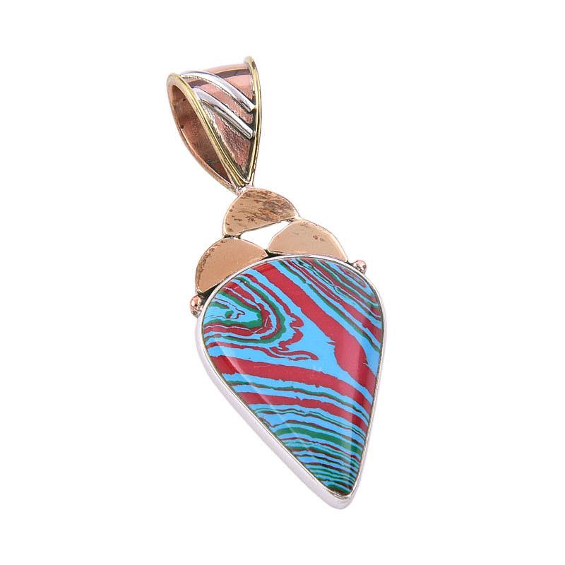 Natural Rainbow Calsilica Gemstone 925 Solid Silver Two Tone Pendant 1.75" N8c75