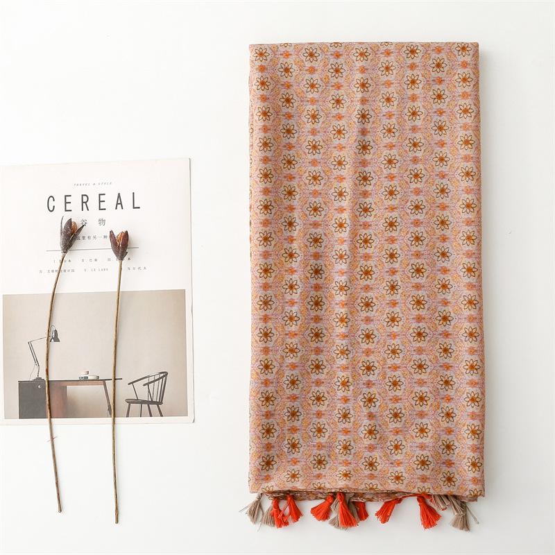 Four Season Coffee Colored Small Floral Scarf, Women'S Gauze Scarf For Outdoor Travel, Beach Towel, Printed Sunscreen Shawl