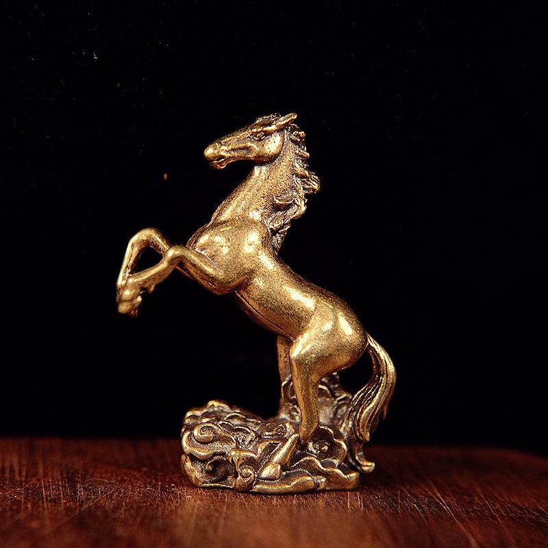 Brass Horse Statue Cloud Base Antique Luck Decor Feng Shui Success Desk Ornament Zodiac Animal Collectible Zodiac Collectible