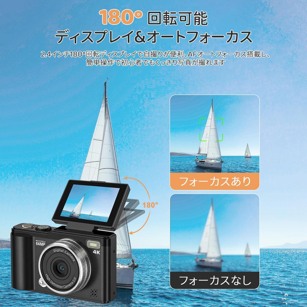 4K Digital Rotating Selfie 16x Digital Autofocus Camera, 64MP, 180-degree Display, Function, Zoom,