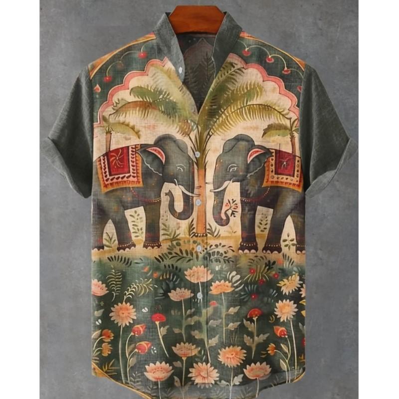 

Новая мужская рубашка с лацканами в стиле ретро, с этническим принтом в виде слонов, модная повседневная льняная модель с коротким рукавом, новинки в категории топов и футболок S