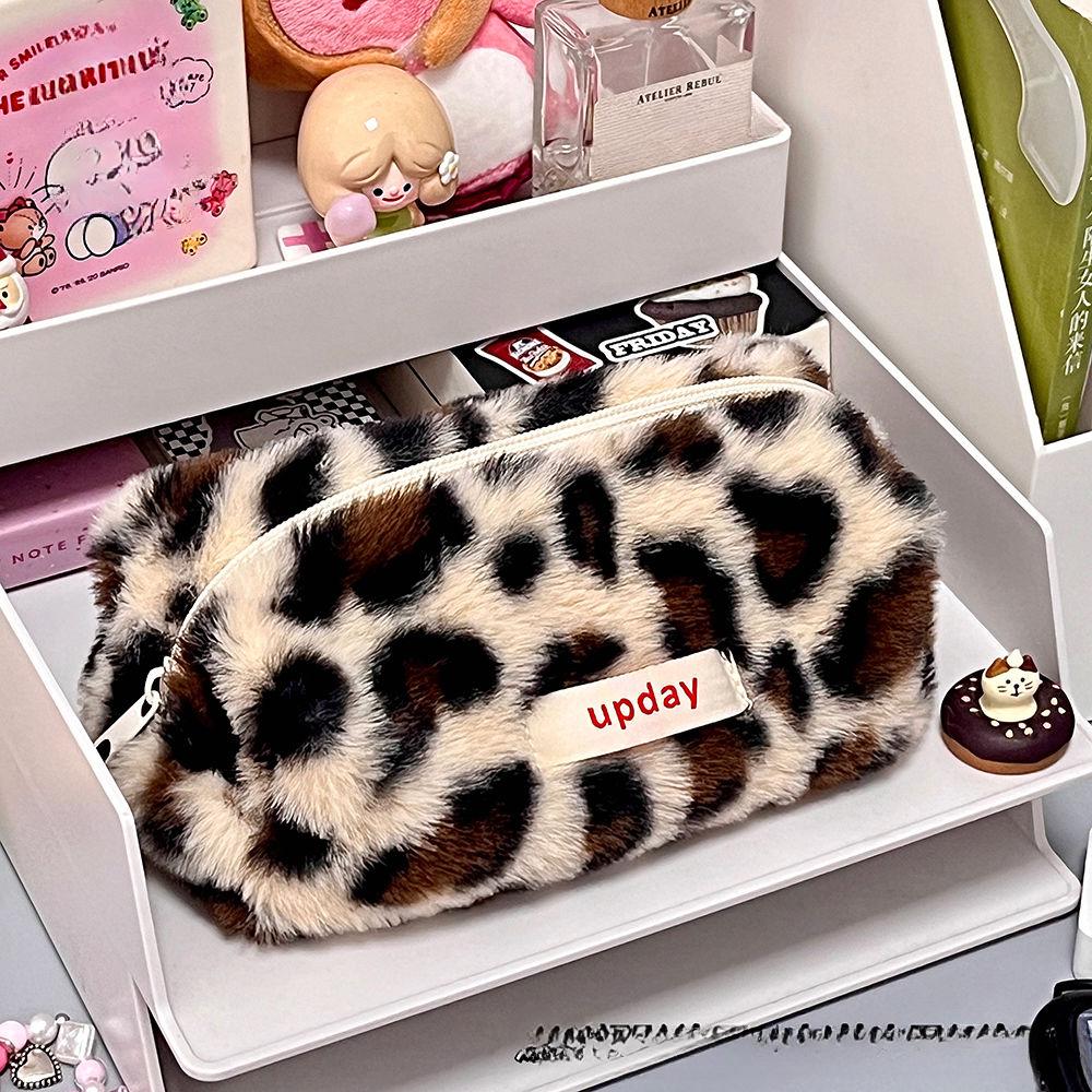 Leopard Print Pencil Case Large-capacity Fluffy Pencil Case Student Pencil Box Storage Makeup Bag