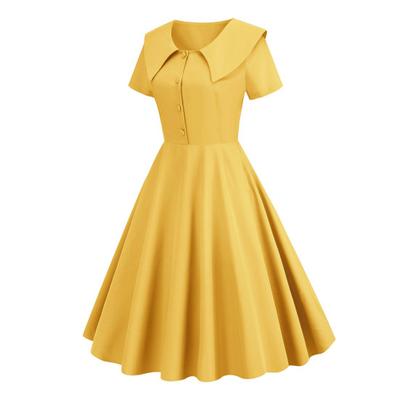 Retro Women Dress Turn-down Collar Shortn Sleeves A-line Big Swing Buttons Slim Fit Solid Color 50s