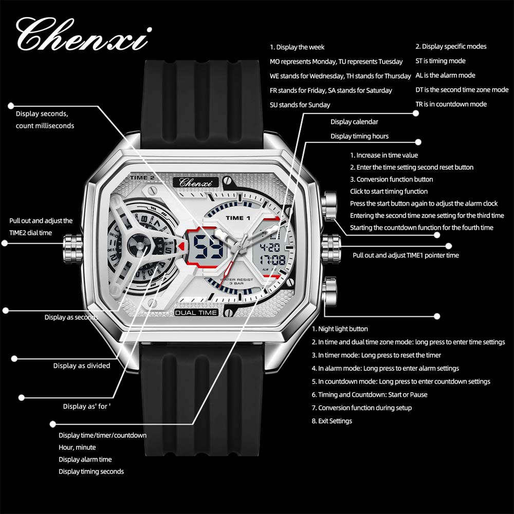 CHENXI Men's Watch New Large Dial Digital Watch Dual Display Fashionable Multifunctional Sports Watch Waterproof Male Watch