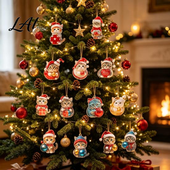 Christmas Tree Ornament Set Cat Advent Calendar 24 Days Countdown Cute 2D Kitten Holiday Car Rearview Mirror Decor Ornaments for Party Decor