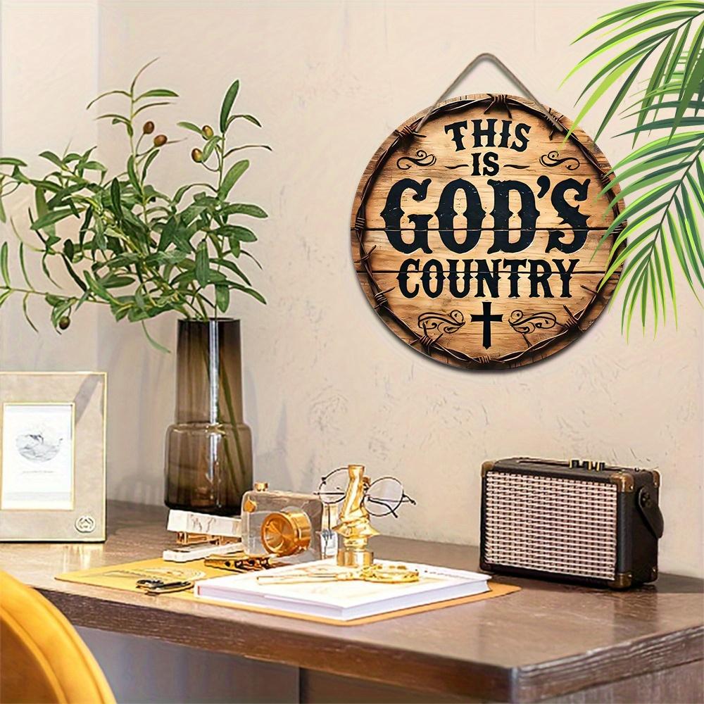 Vintage Chic Wooden Round Sign Pendant - Inspirational"This Is Gods Country" Quote, Perfect for Home & Farmhouse Decor, Ideal Gift for Living Room