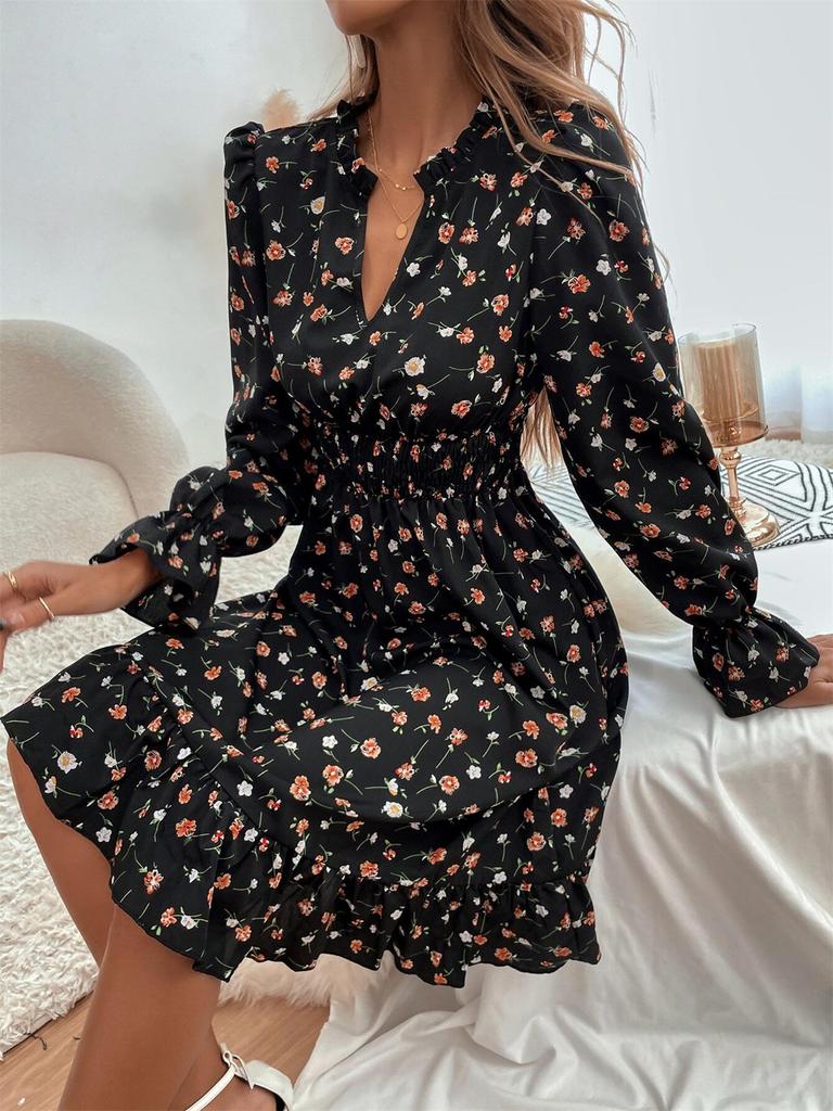 Elegant Floral Print Ruffle Dress - Slimming Waist, Notch Neck, Perfect for Spring and Autumn