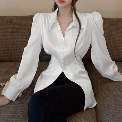 French Bow Bubble Long-sleeved Satin Shirt Women's Spring and Autumn High-end Waist Niche Chic POLO Collar Top