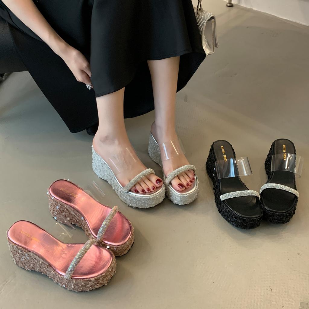 Rhinestone slippers women's 2025 new summer versatile outer wear one-word with waterproof table thick-soled thick-heeled high heels