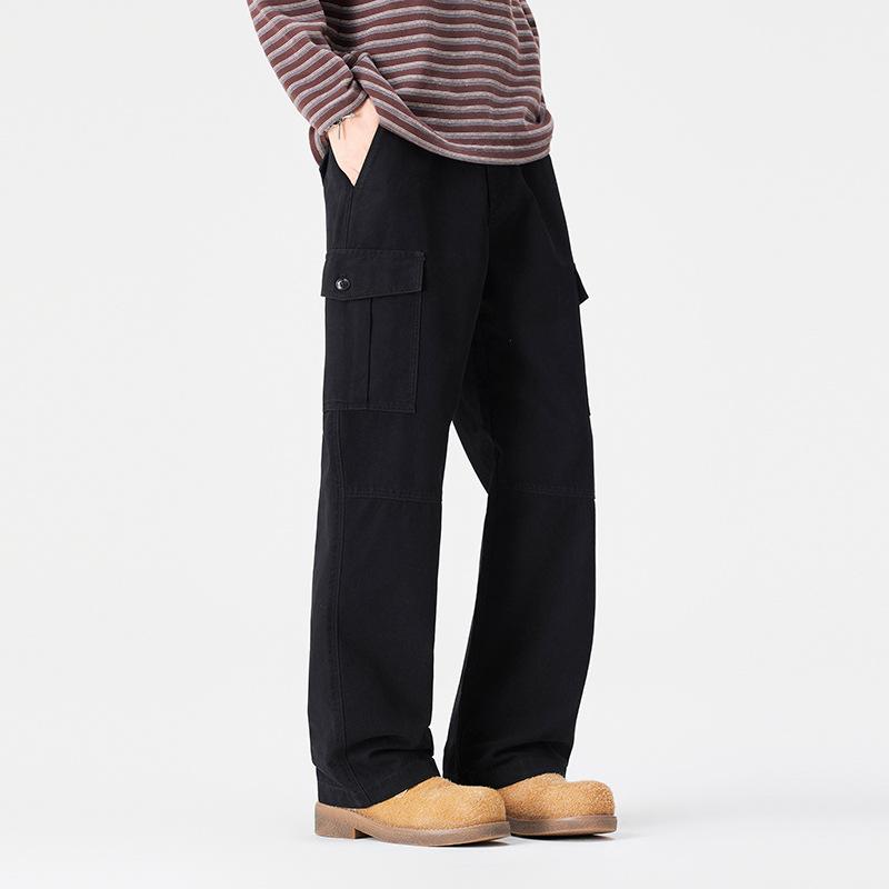 Tooling casual pants men's autumn and winter new pure cotton cloth loose wide-leg trousers fleece straight men's pants tide