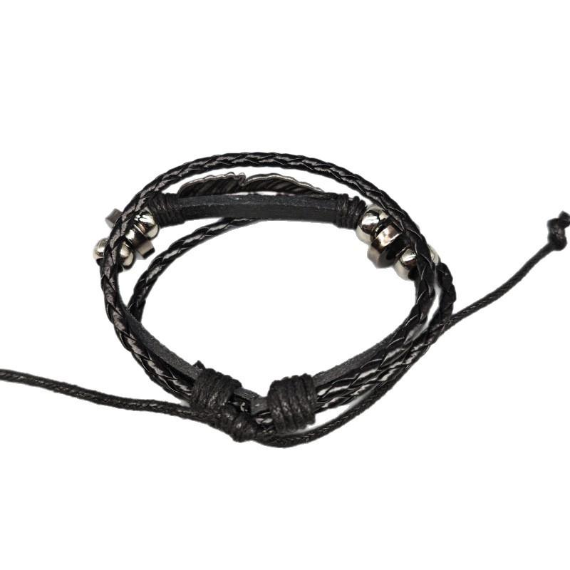 Adjustable Drawstring Feather & Leaf Charm Leather Bracelet Set – Vintage Alloy Star, Woven 5-Piece Collection