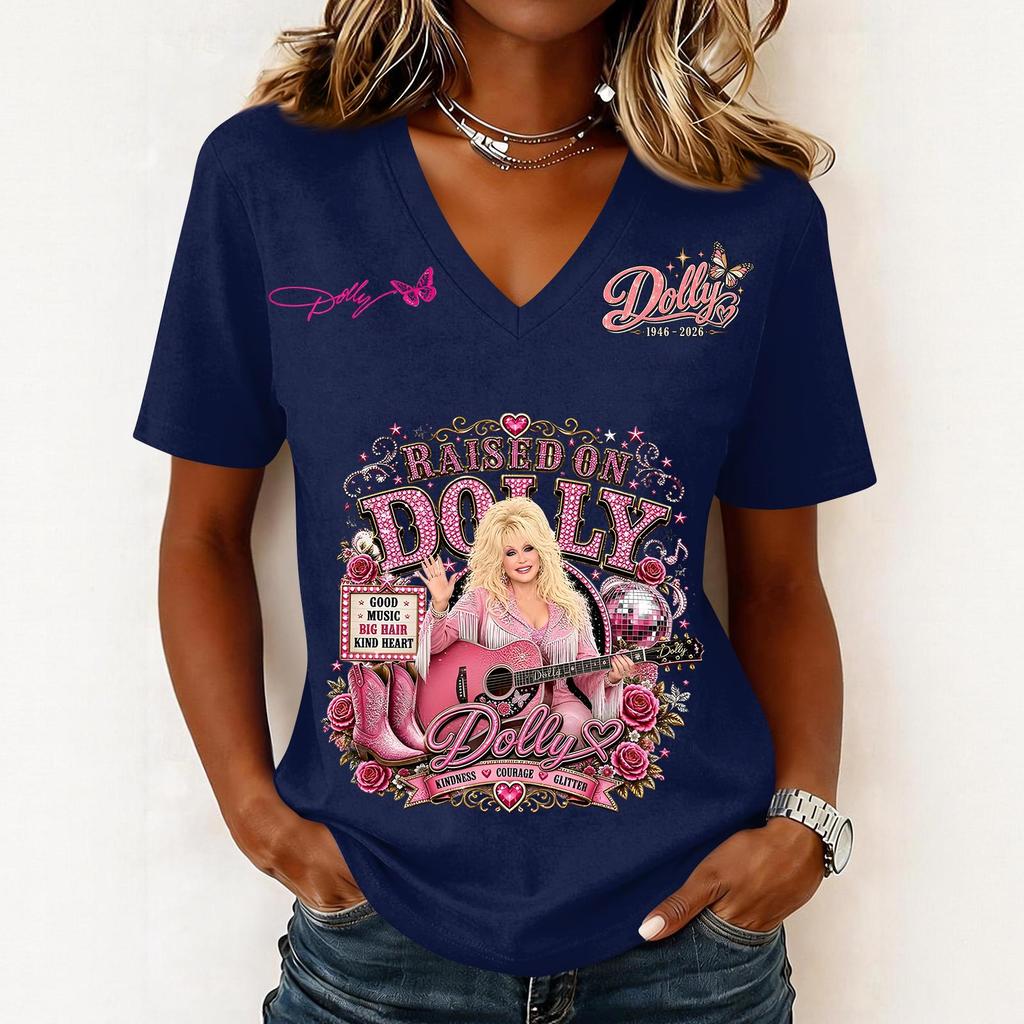 Women's Trendy Casual V-Neck Short Sleeve Letter Print Pullover Top for Everyday Wear