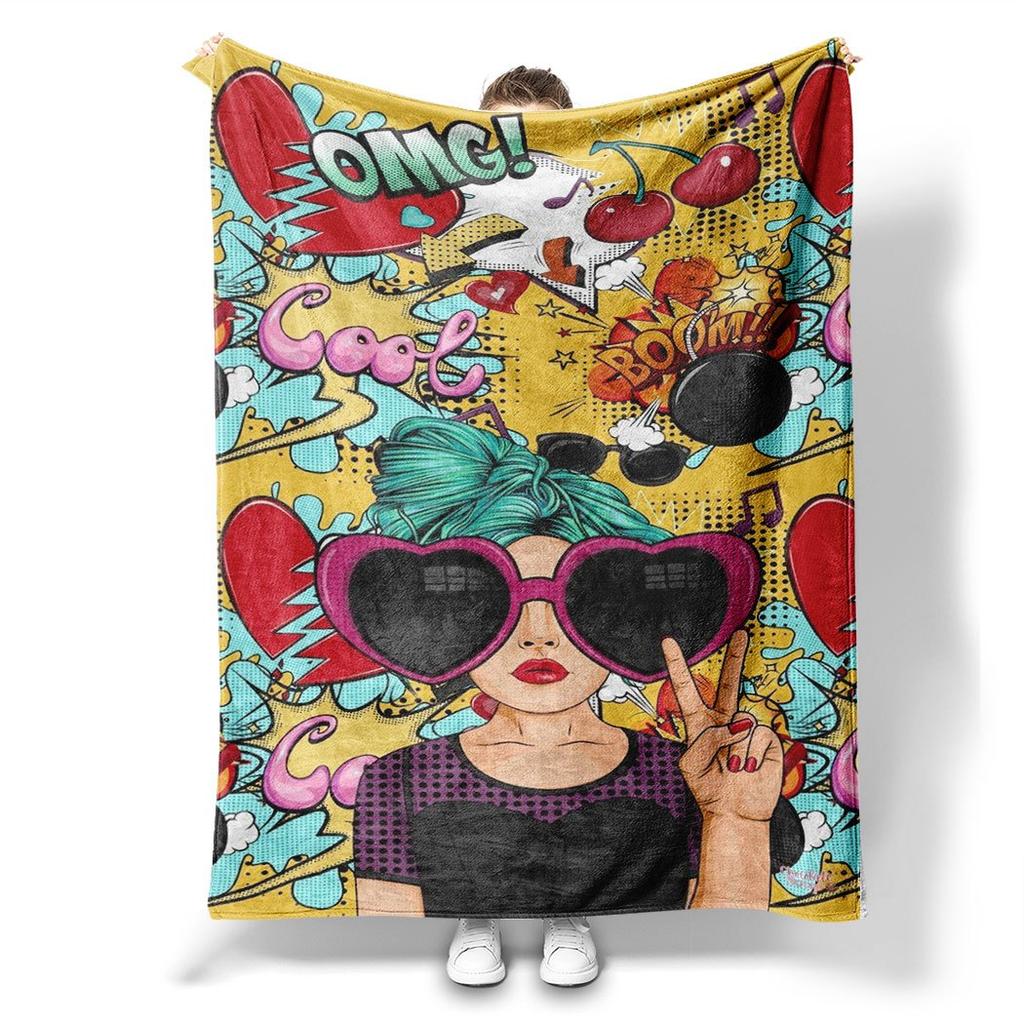 Pop Art Cartoon Mädchen Kuscheldecke – Herz-Sonnenbrille & Graffiti-Design, Trendiges Geschenk für Sofa oder Bett