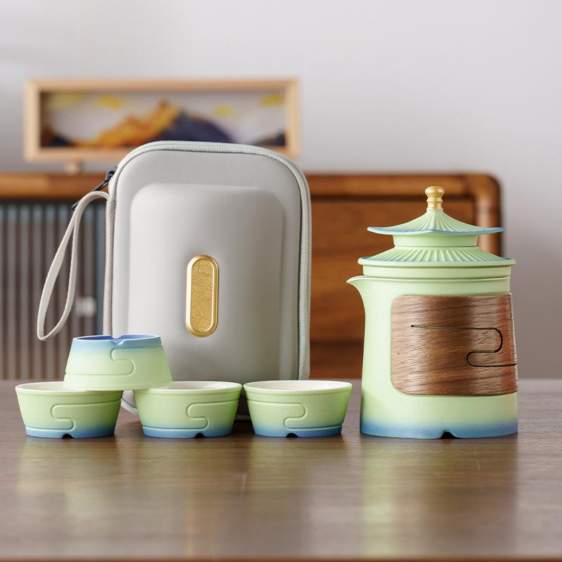 Forbidden City suet jade porcelain kung fu travel tea set, one pot and four cups of business commemorative high-end souvenir