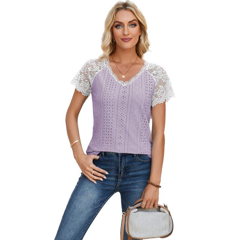 Lace Patchwork V-neck Breathable Top European and American Style Lace Patchwork V-neck Casual Tops