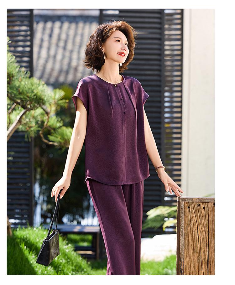Chic Summer Short Sleeve Set for Middle-Aged & Elderly Women: Stylish Two-Piece with Wide Leg Pants