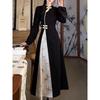 New Year Cheongsam with Frog Buttons: Women's Plus Size Long Dress with Patchwork and Dark Patterns
