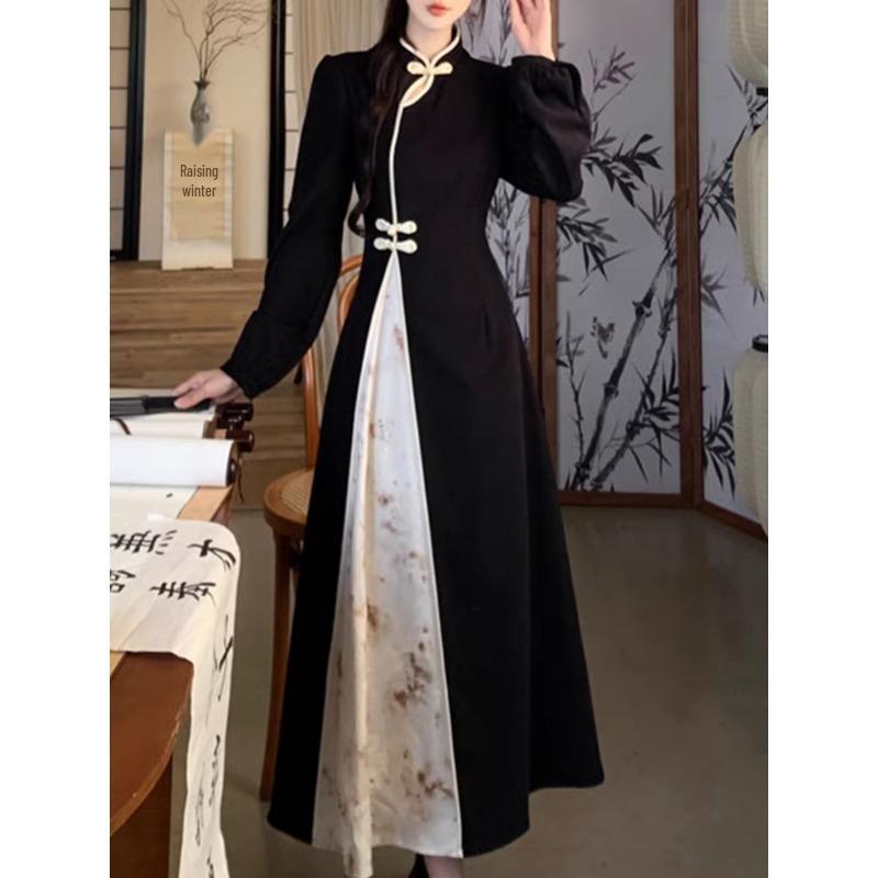 New Year Cheongsam with Frog Buttons: Women's Plus Size Long Dress with Patchwork and Dark Patterns
