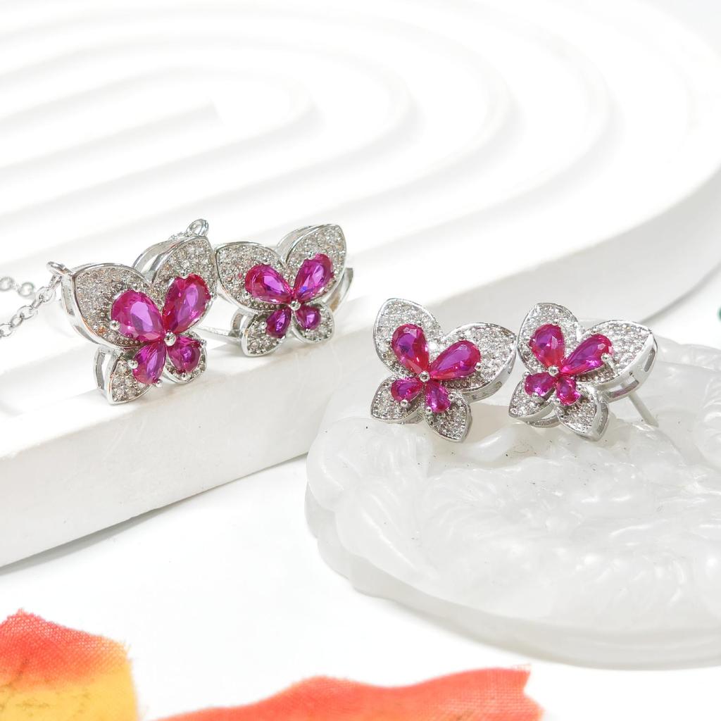 Gusien Exquisite Red Steel Butterfly Jewelry Set: Necklace, Ring & Stud Earrings - Korean Style Women's Fashion.