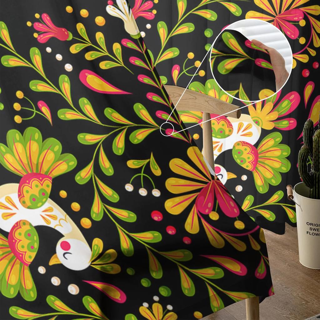 Mexican Geometric Flower Birds Bedroom Transparent Sheer Curtains Holiday Decoration Window Voile Tulle Curtain