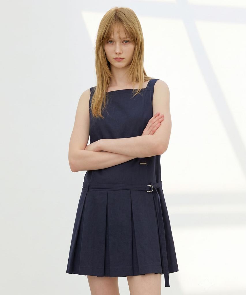 Artid Low Belted Pleated Mini Dress_Navy
