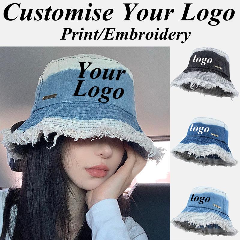 Custom Logo Foldable Tassel Bucket Hats Women Men Vintage Gradient Denim Flat Roof Fisherman Cap Outdoor Wide Brim Beach Sun Hat