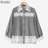 ZANZEA Women Casual Lace Patchwork Loose Long Sleeve Stripe Blouse