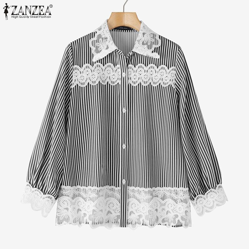 ZANZEA Women Casual Lace Patchwork Loose Long Sleeve Stripe Blouse