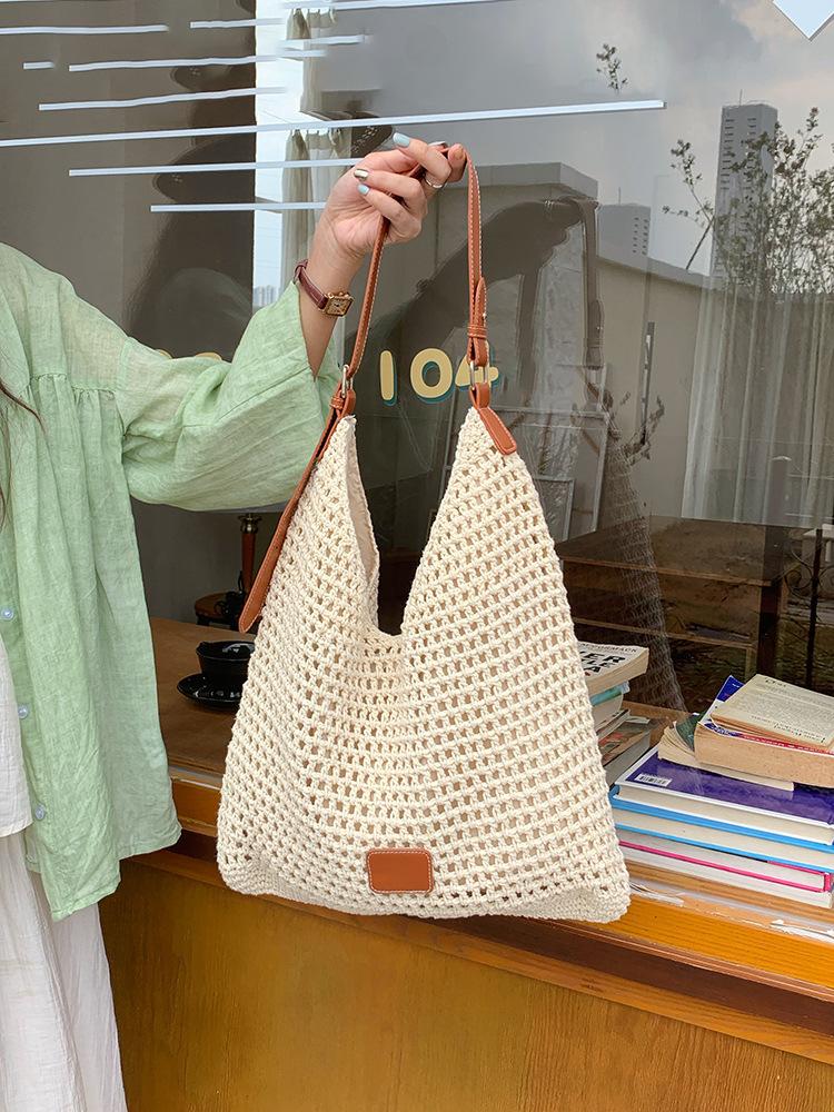 

Пляжная сумка для отдыха на море, плетение, 2025, новая мода, универсальная полая вязаная сумка, большая вместимость, на плечо, подмышку