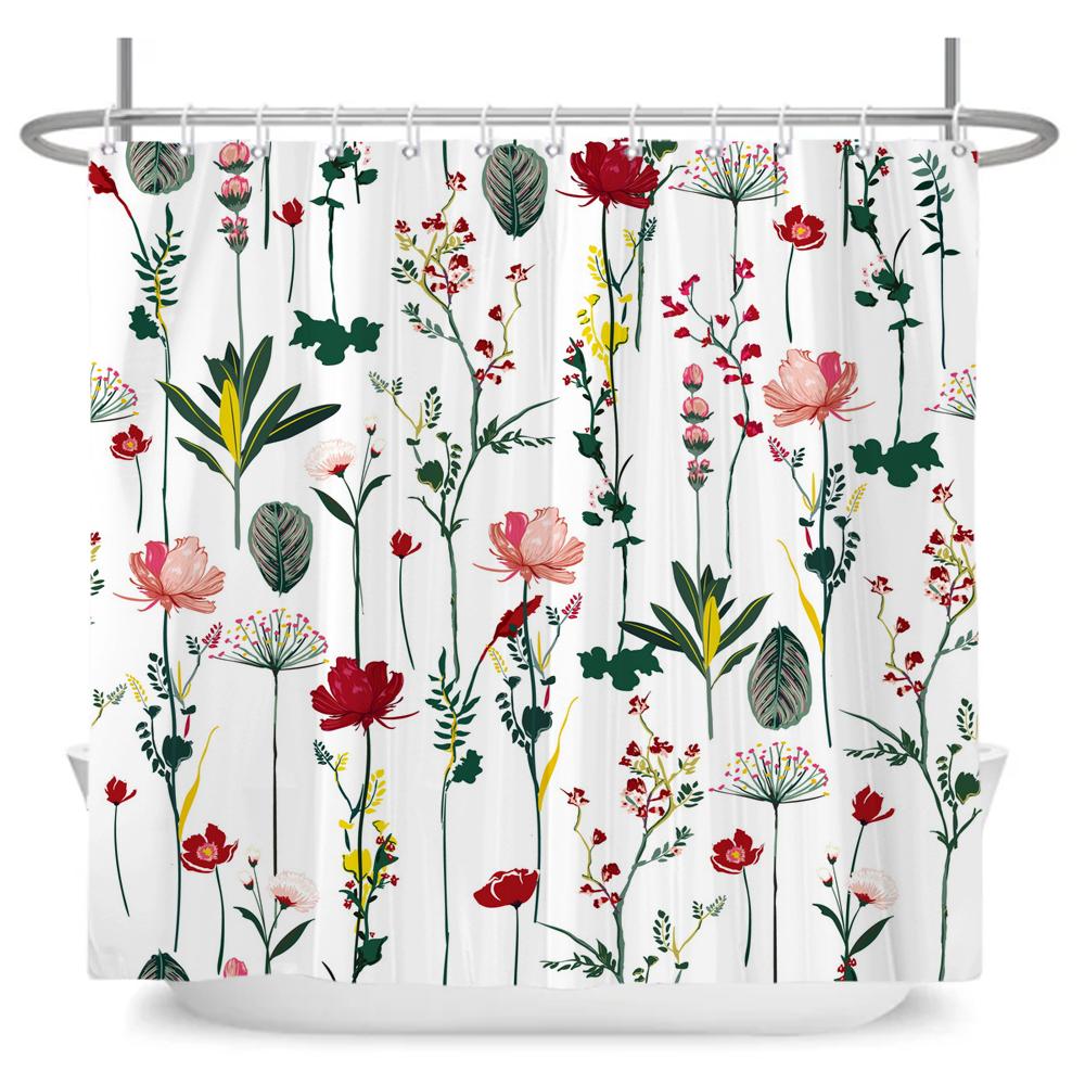 Watercolor Red Flower Shower Curtain Flowers and Plants Waterproof Polyester Bath Curtain For Bathroom Home Decor Accessories