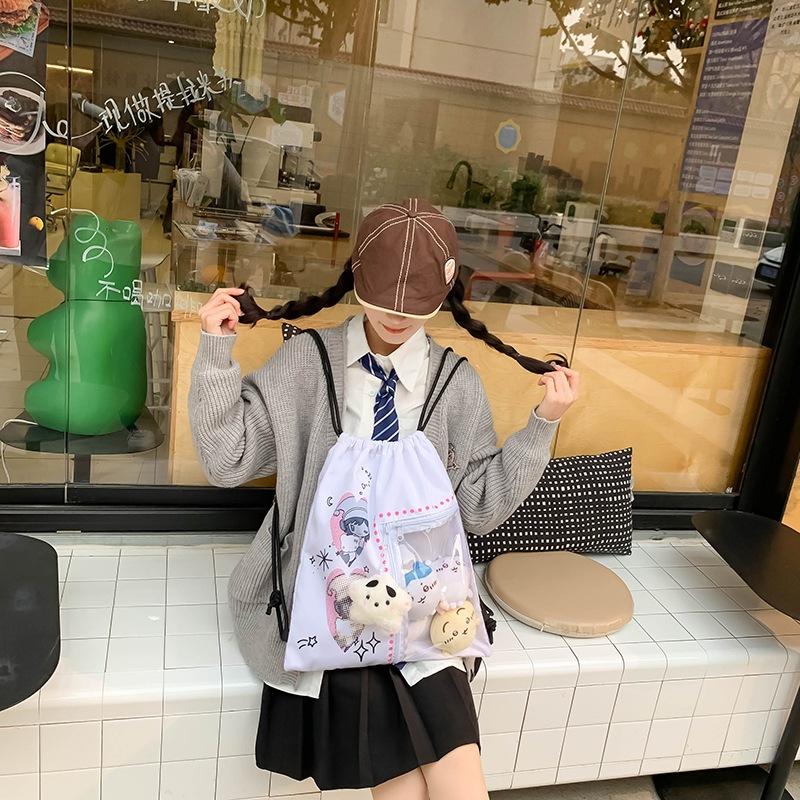 Ancient cute angel bear drawstring bag cute pain bag double shoulder canvas bag versatile large capacity niche backpack