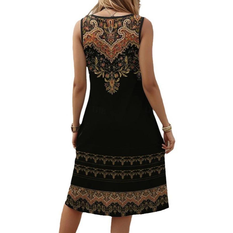 Vintage Casual Floral Printed Kleider Damen Mode V-Ausschnitt Knopf Ärmelloses Kleid