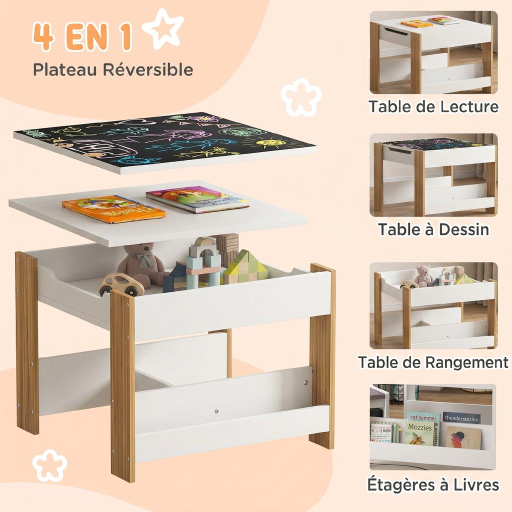 Three-Piece Kids Table and Chair Set with Blackboard, Storage, Bookshelves - Natural Wood