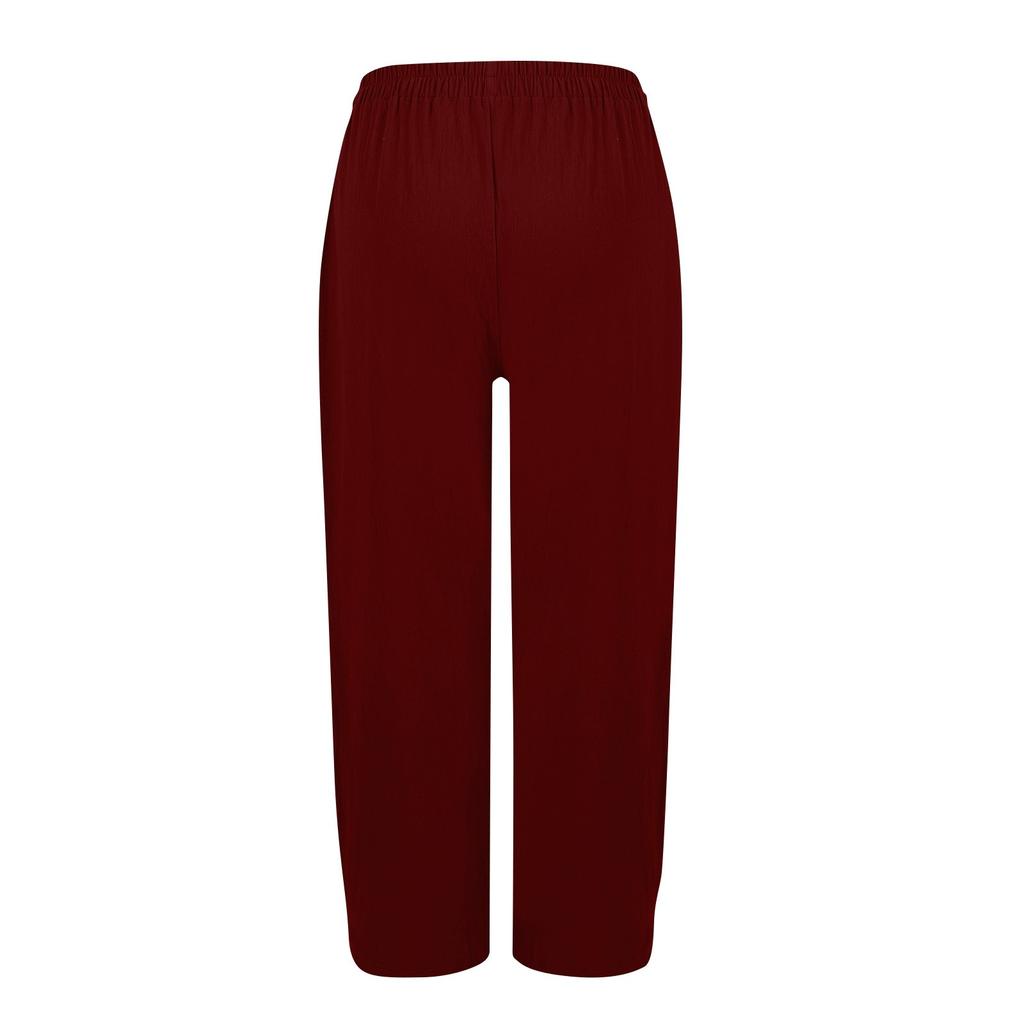 Women's Solid-color Cotton And Linen Casual High-waisted Straight Leg Pants With Loose Elastic Belt Pockets