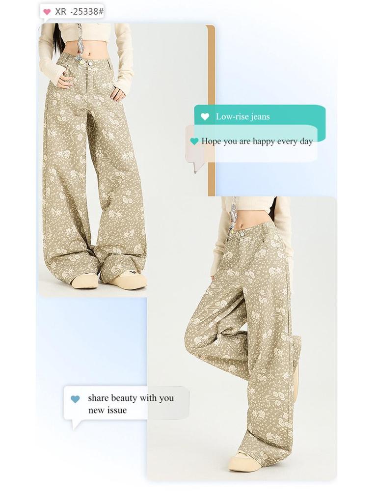 Women's 2025 Autumn Floral Wide-Leg Jeans - Loose, Draped, Lazy Style, Straight Leg