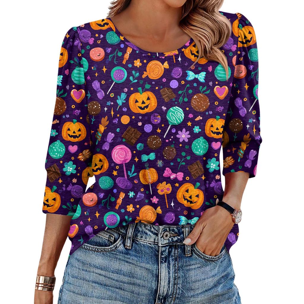 Damen Modisches Lässiges Rundhals Siebenviertelärmel Halloween Bedrucktes Puffärmel Oberteil