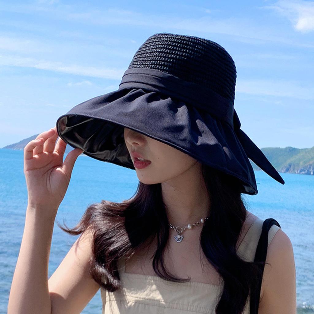 Women's Big Brim Sunscreen Breathable Sun Visor Bucket Hat with Sweet Bowknot