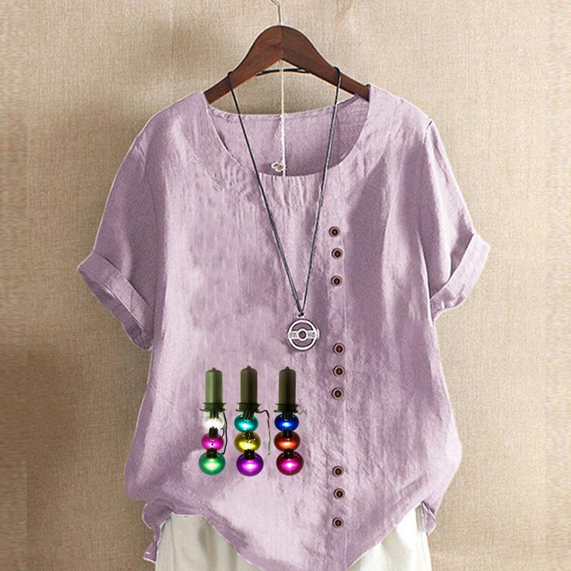 Women's Fashion Round Neck Short Sleeve T-shirt Casual Cotton Linen Graphic Shirt Leisure Loose Electric Light String Prined Summer Blouse Tops